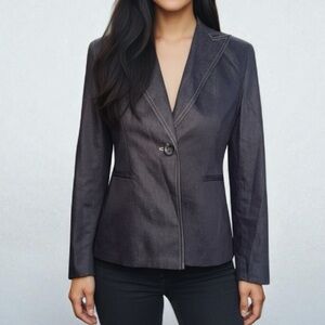 2 Petite | Kasper Women's Black Cotton Blend Stitches Trim Blazer Jacket Suit